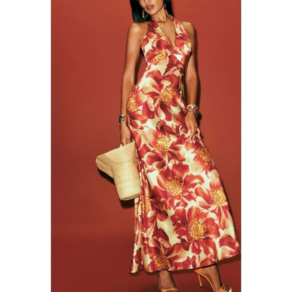Reformation Daniela Silk Floral Halter Maxi Dress RARE PRINT